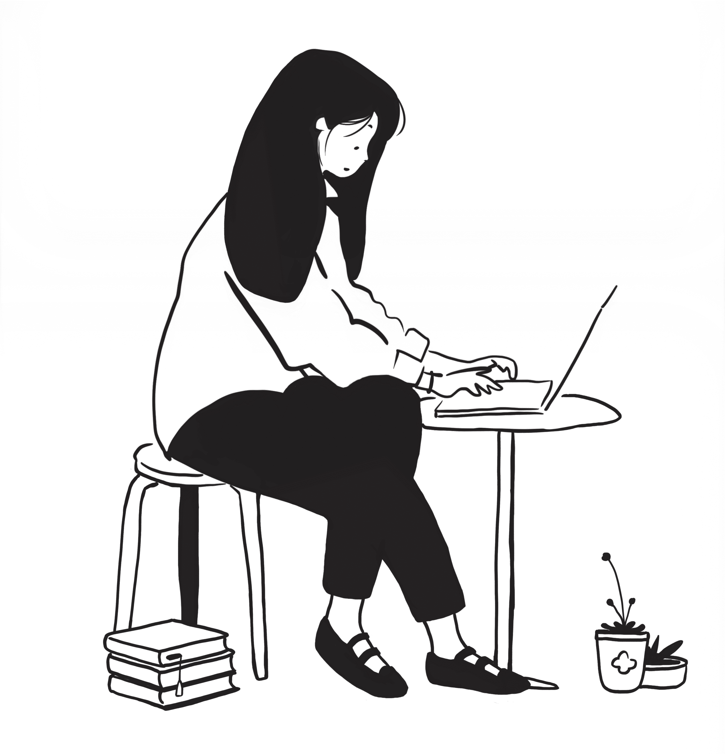 Self drawing of Angela working on a laptop, sitting down