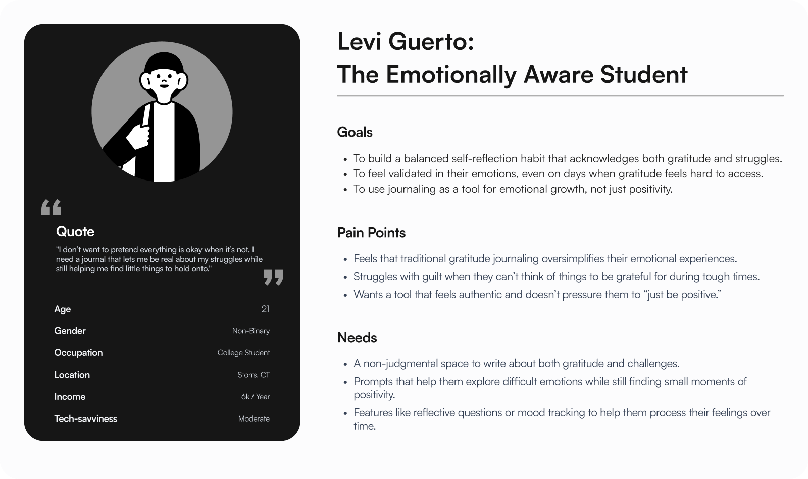 User persona of Levi Guerto, the emotionally aware student