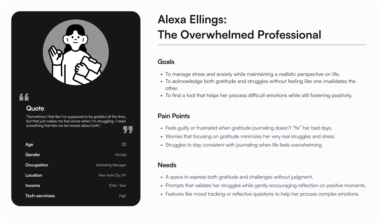 User persona of Alexa Ellings, the overwhelmed professional