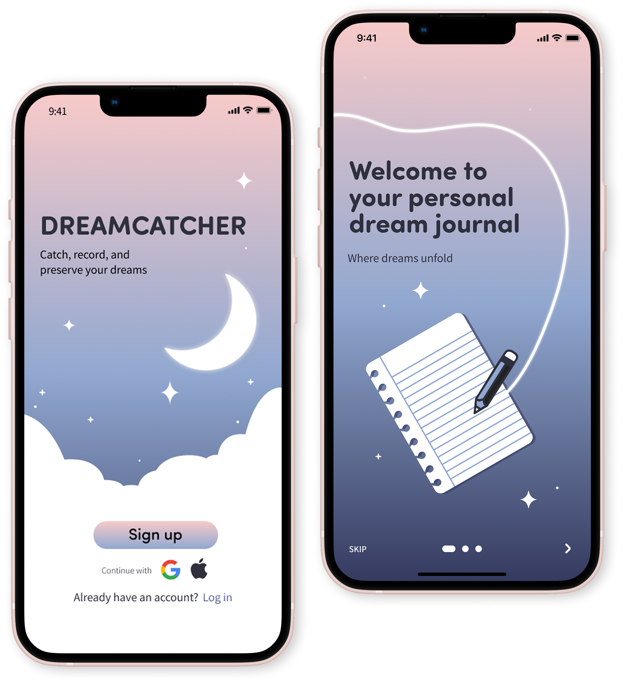 Phone mockups of the app Dreamcatcher