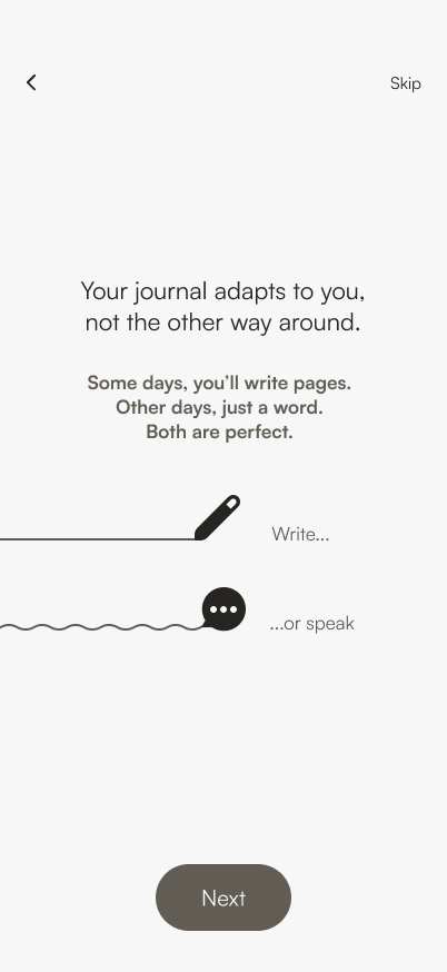 Onboarding screen 4, talking about how journal adapts to user, and user can write or speak to create entries