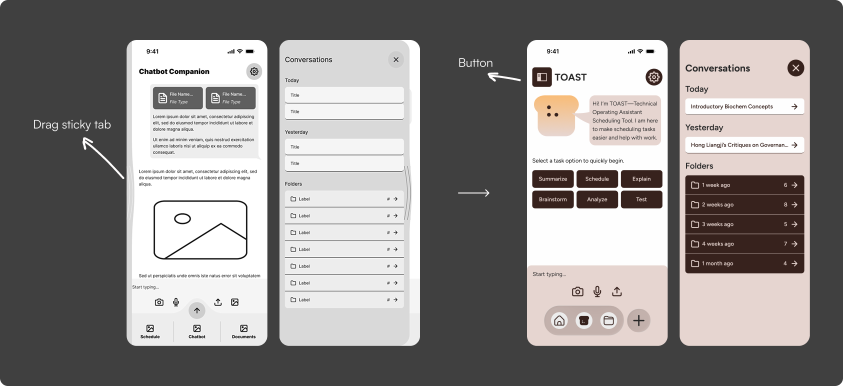 The previous chatbot screen is on the left, while the changed chatbot screen is on the right. The sticky tab, drag to reveal menu was redesigned to a button.