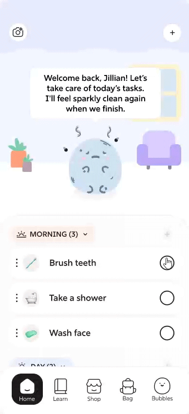 User flow of cleaning their companion after returning to app