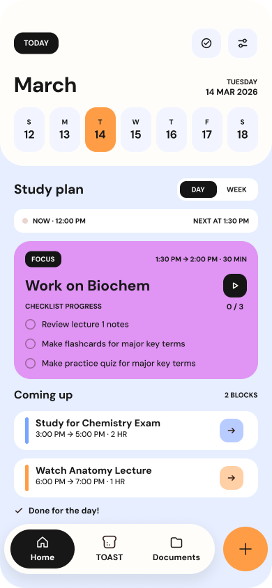 Academic Playbook Home screen/task manager