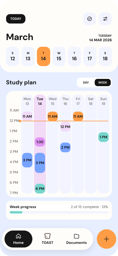 Toast Academic Playbook - home, weekly view of tasks